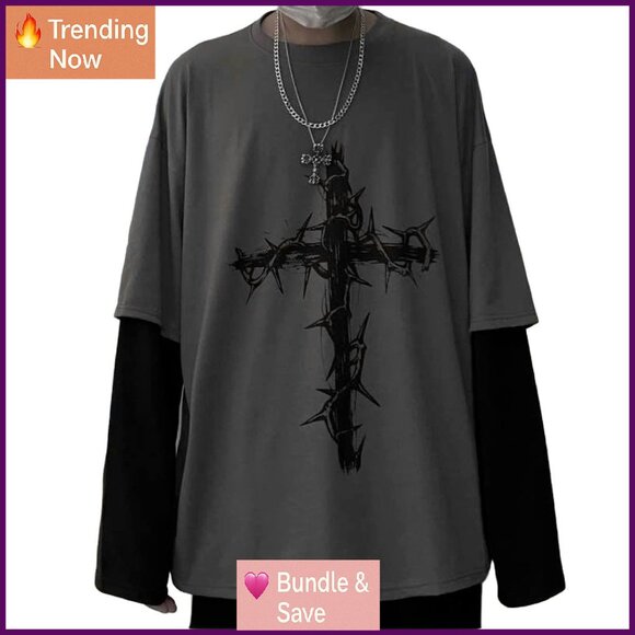 Gothic Long Sleeve Tee Thorn Cross Print Punk Streetwear Unisex - Picture 1 of 7